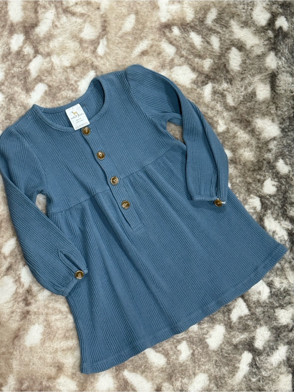 Velvet Fawn Slate Blue Waffle-Knit Girls Button-Front Long Sleeve Dress